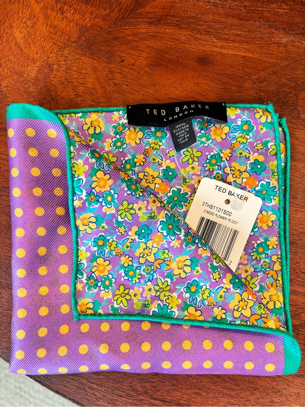 Ted Baker Silk Purple & Turquoise Floral and Polka Dot Pocket Square
